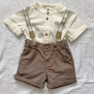 H&M Two Piece Set with Suspenders - White/Ivory and Taupe